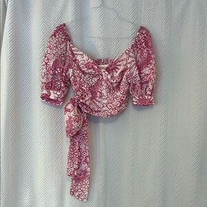 Anthropologie Pink and White Puff Sleeve Crop Blouse